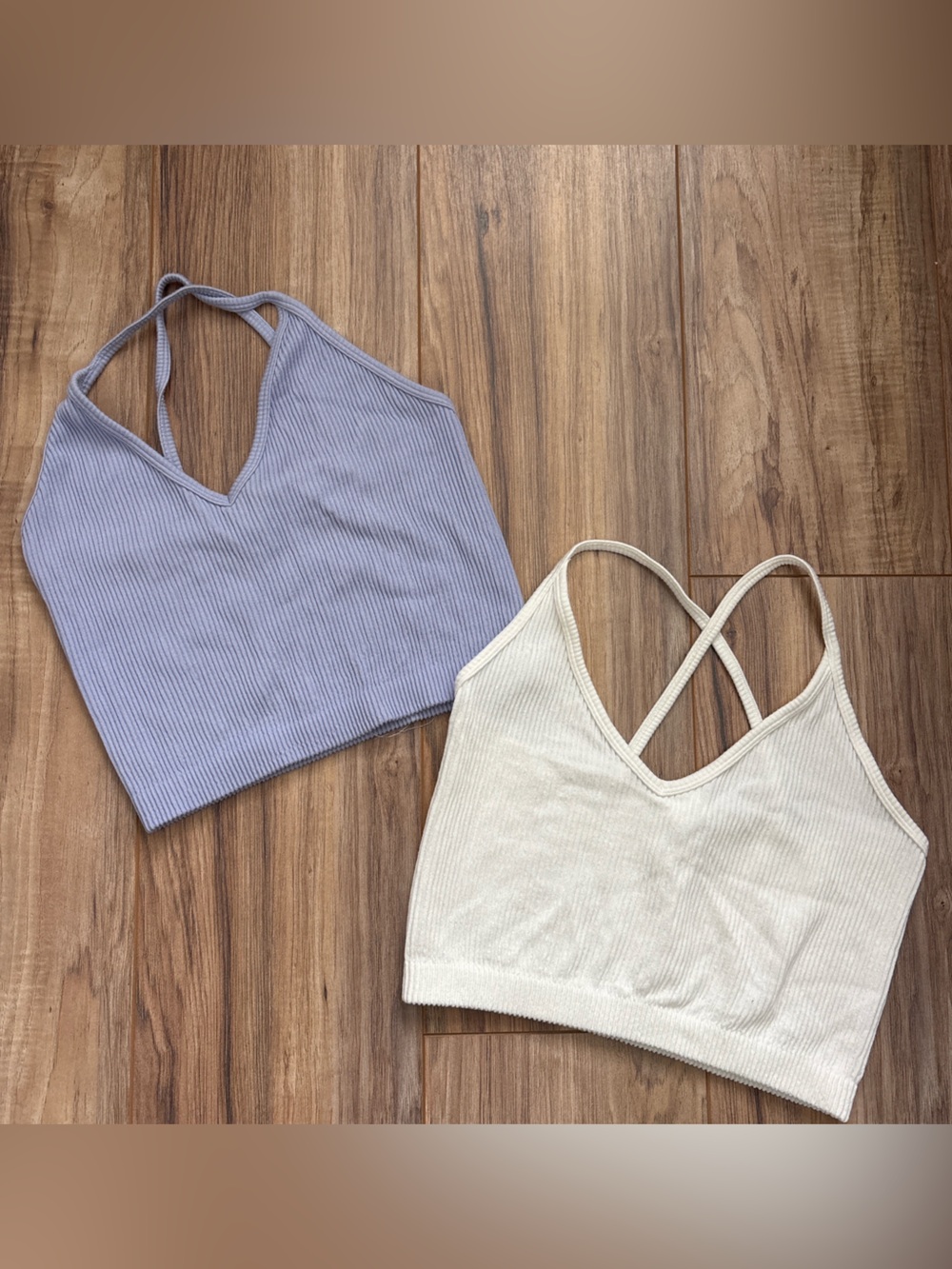 Arizona Jean Company Ribbed Crossback V-Neck Crop Tops - Lavender & Cream